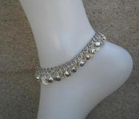 Ankle bracelet Silver bell and coin charm anklet on silver plated chain with toggle clasp (Ringing Anklet)