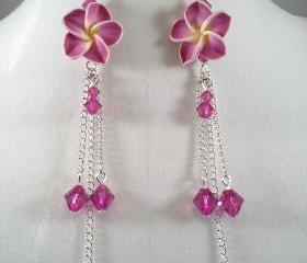 Fuchsia Pink Hawaiian plumeria flower earrings spring earrings Polymer clay flower earrings